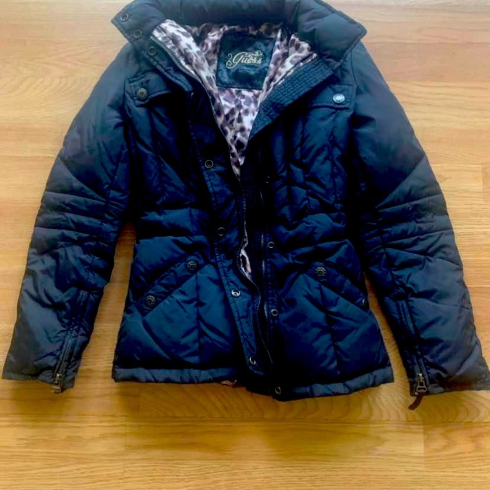 Guess Brand  new Winter Down Jacket Black with leopard print lining.